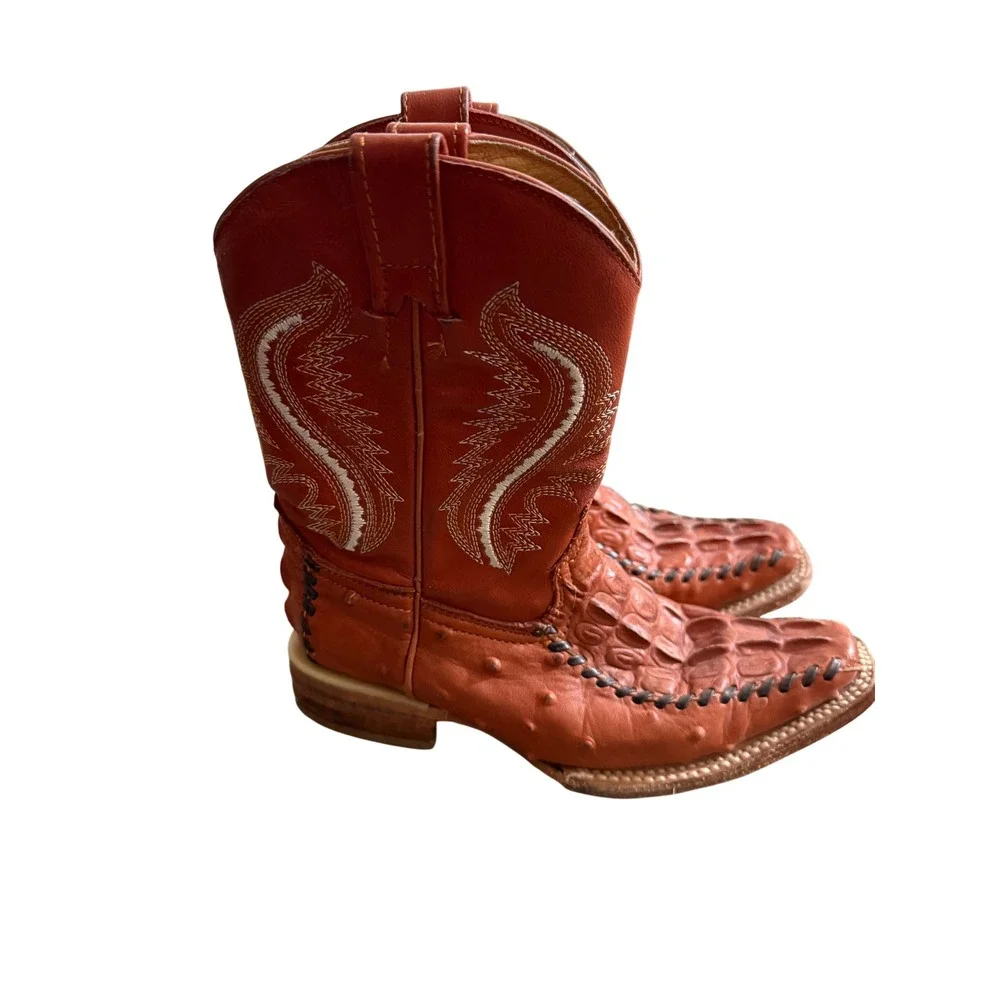Majoma Kids Cognac Leather Alligator Ostrich Embossed Western Boots Size 1.5